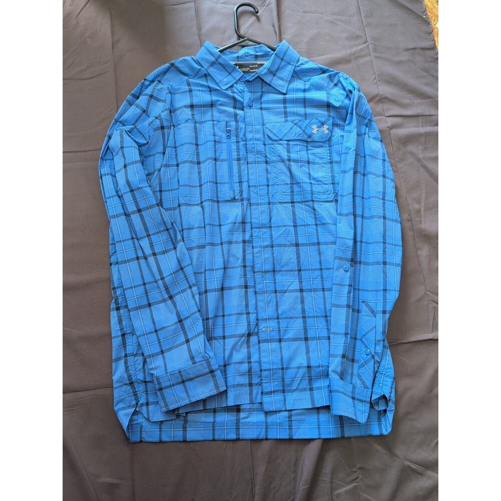 Under Armour  Style # 1290746 Fish Hunter Long Sleeve Blue Plaid Shirt Vented L